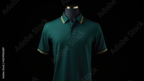 A stylish, emerald green polo shirt displayed on a mannequin against a dark backdrop.