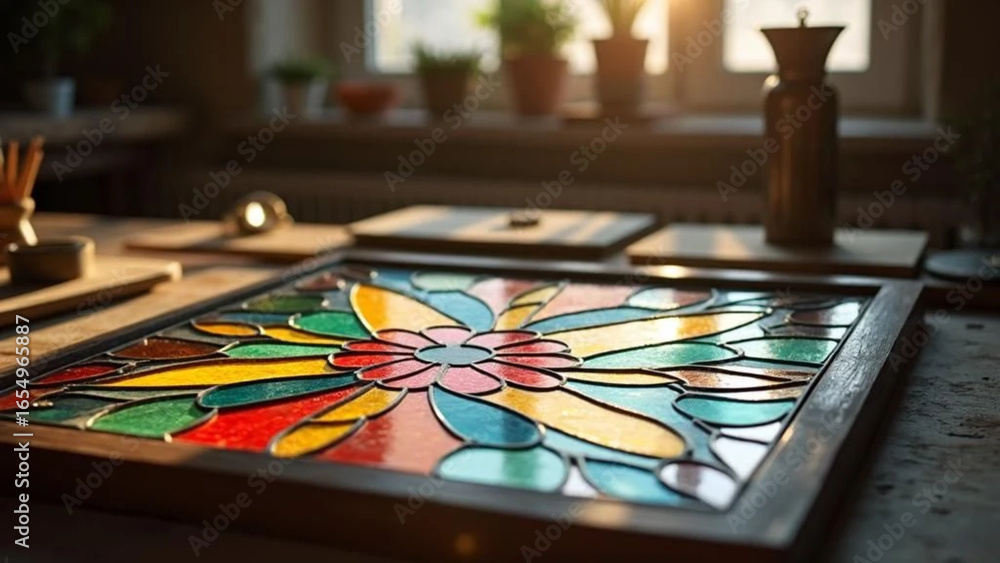 Fototapeta premium Colorful stained glass. Creative workshop. Close up. 