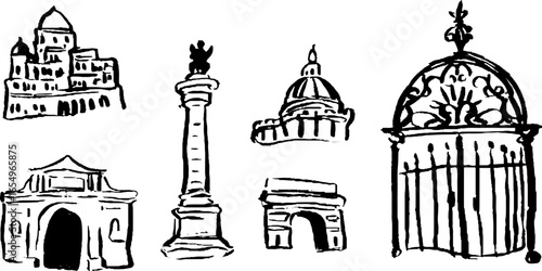 Black and white sketch collection of historic palaces and monuments