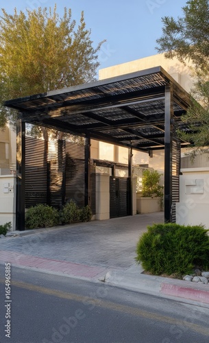 Modern, dark-metal carport over driveway,  beige house