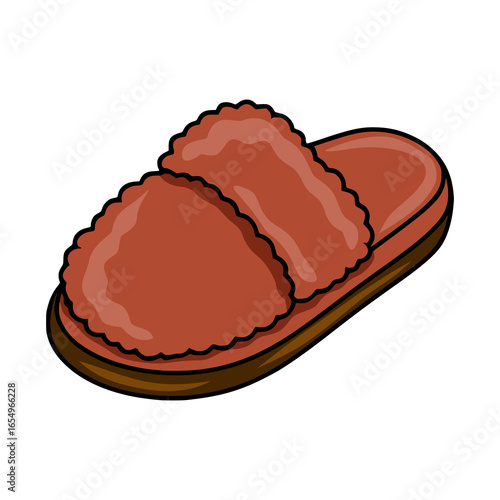 Cozy vector illustration of a single brown fuzzy slipper with a double strap, showcasing a simplistic yet detailed design ideal for home decor or textile projects.