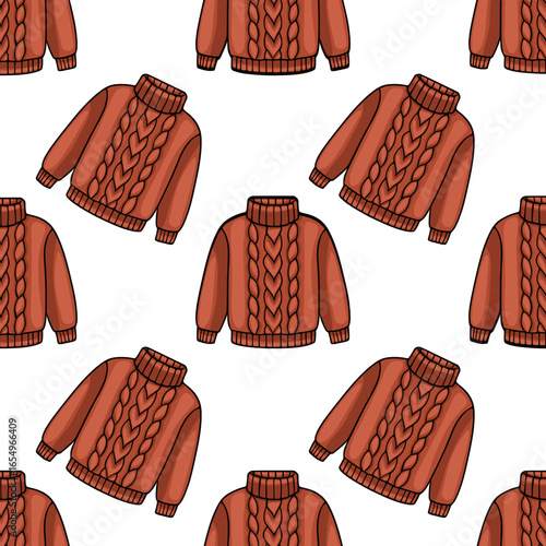 Seamless vector pattern featuring terracotta cable knit sweaters, a cozy autumnal design ideal for textile prints, fall fashion, and winter apparel.
