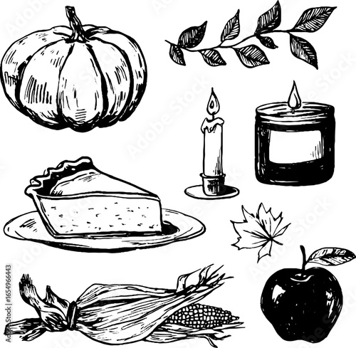Autumn harvest sketch collection: pumpkin, apple, corn, and candle illustrations for seasonal design