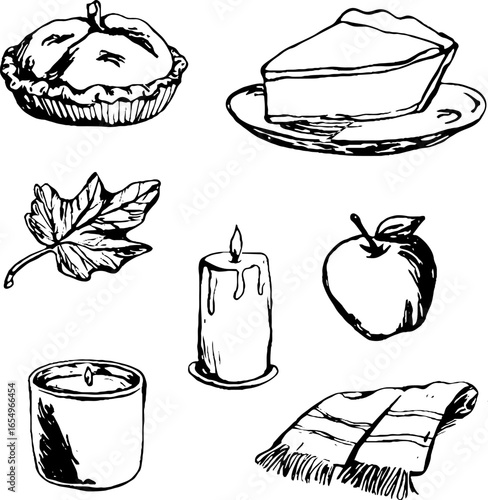 Black and white autumn sketch set with pumpkin pie, candles, and leaves