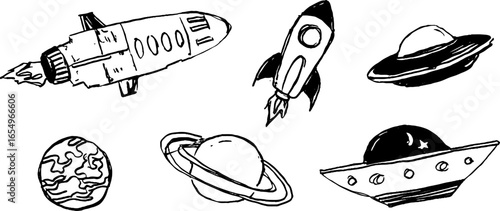 Black and white rocket and spacecraft sketch set for design and print