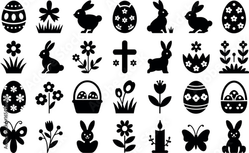 collection of black silhouette icons featuring easter eggs bunnies flowers and religious symbols for festive designs
