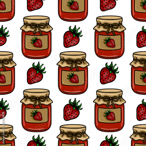 Seamless vector pattern of strawberry jam jars and fresh strawberries, featuring a vintage style illustration with hand drawn details and a repeating design ideal for packaging or textile prints.
