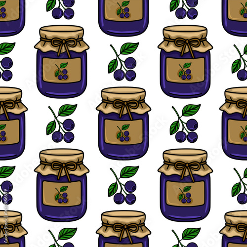 Seamless vector pattern featuring hand drawn illustrations of blueberry jam jars with kraft paper lids and tied bows, complemented by clusters of blueberries and leaves, creating a charming and rus...