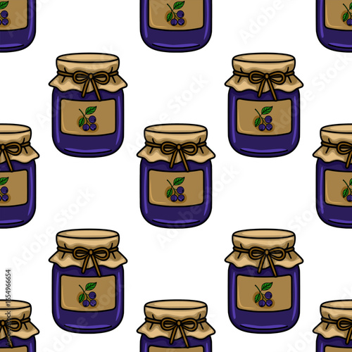 Seamless vector pattern of hand drawn blueberry jam jars with rustic beige lids and labels, creating a charming and appetizing design ideal for packaging or kitchen decor.