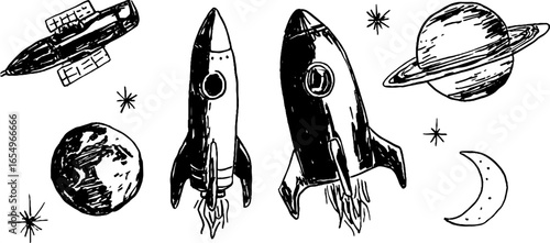 Black and white sketch illustration set of rockets and celestial bodies for creative designs