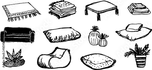 Black and white hand-drawn sketch collection of rugs, cushions, and plants for design and decoration