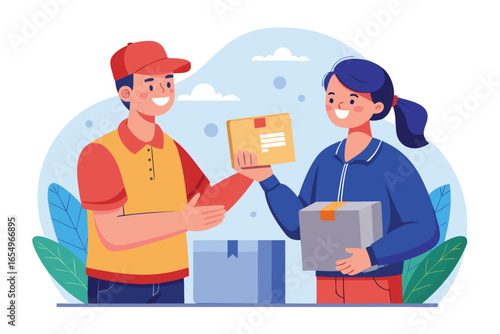 Delivery Service Illustration Featuring Delivery Man Handing a Box to a Smiling Customer in a Friendly and Efficient Manner