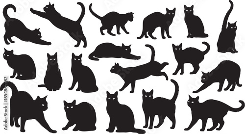 Diverse black cat silhouettes in various poses feline, cat, feline, animal, pet, domestic, silhouette, black, isolated, white background, stretching, jumping, sitting, lying down, walking, playful, el