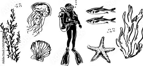 Black and white scuba diving exploration with marine life sketch set for nautical design