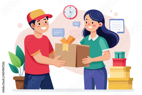 Delivery Service Illustration Featuring Delivery Man Handing a Box to a Smiling Customer in a Friendly and Efficient Manner