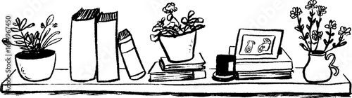 Black and white shelf sketch with books and plants for decorative design