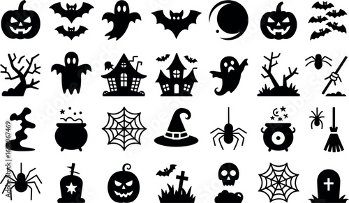 Spooky collection of halloween icons featuring pumpkins ghosts bats spiders and haunted houses