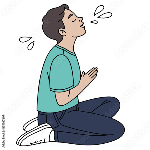 Man Practicing Deep Breathing Meditation Vector Illustration
