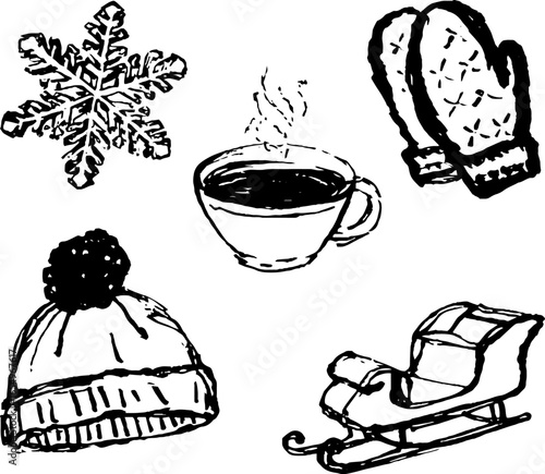 Winter essentials: hand-drawn sketch set of snowflake mittens hat sled and hot drink