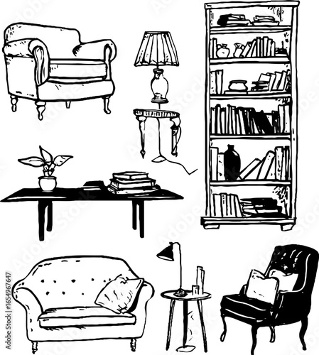 Cozy living room furniture sketch set featuring sofa, armchair, and bookshelf designs