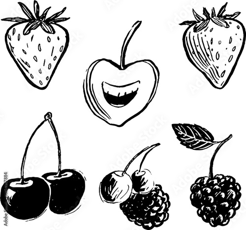 Black and white hand drawn sketch collection of strawberries, cherries, and raspberries for design