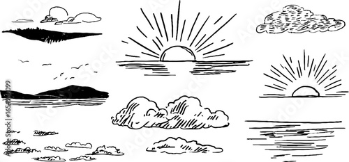 Hand-drawn black and white sunset sketch collection for design and art projects