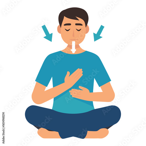 Man Practicing Deep Breathing Meditation Vector Illustration
