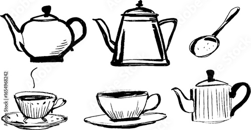 Black and white teapot and teacup sketch collection for design and decoration