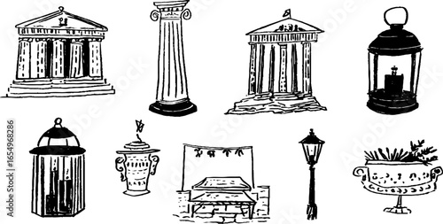 Hand drawn black and white sketch collection of temples and classical architecture elements