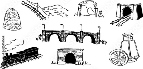 Black and white sketch illustration set of train and railway elements for design