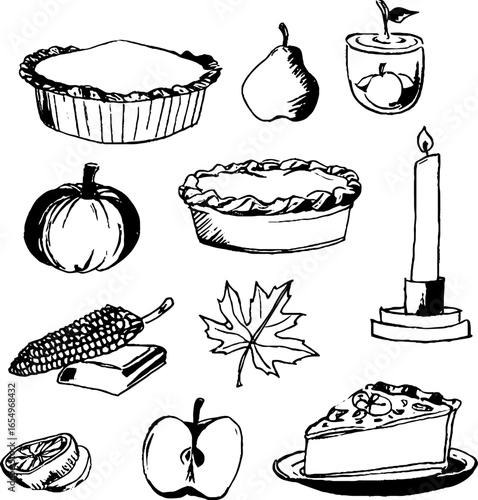 Thanksgiving harvest sketch collection featuring turkey, pumpkin, and seasonal elements for festive design