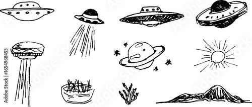 Black and white ufo and outer space sketches set for design and concept art