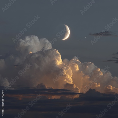 Crescent moon shining above dramatic clouds at night low angle celestial beauty ethereal sky