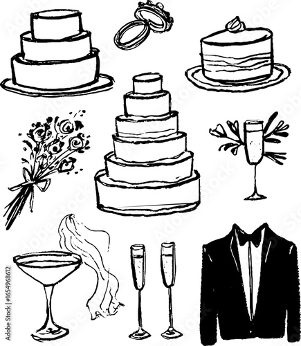 Elegant wedding elements collection in black and white sketch style