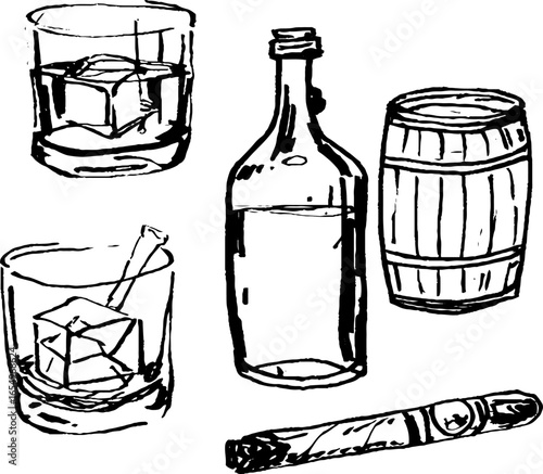 Black and white sketch set of whiskey glasses, bottle, barrel, and cigar