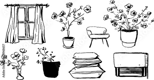 Black and white sketch illustration set of windows and floral decor