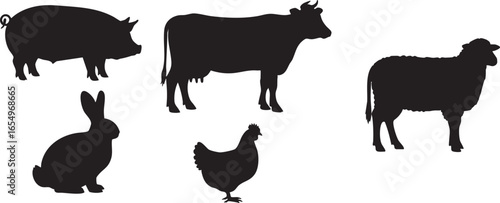 Farm Animal Silhouettes Including Pig Cow Sheep Rabbit Chicken, pig, cow, sheep, rabbit, chicken, farm animals, livestock, domestic animals, silhouette, animal, farm, agriculture, rural, countryside, 
