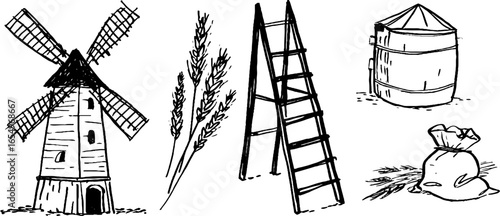 Rustic farm elements: windmill, ladder, wheat, silo, and sack sketch for design