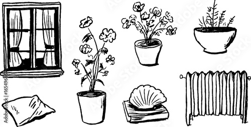 Vintage home decor elements: black and white hand drawn sketch set