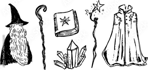 Black and white sketch collection featuring wizard, staff, spellbook, crystals, and cloak
