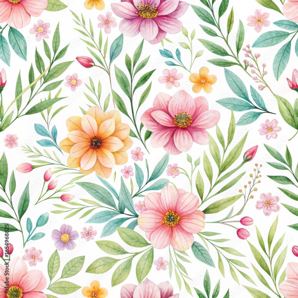 Fototapeta premium Hand-drawn seamless floral pattern with pastel pink and yellow blossoms, green leaves and delicate stems on a white background.