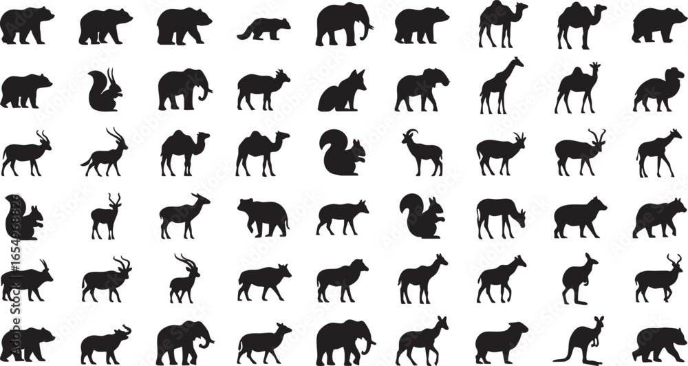 Obraz premium Grid of animal silhouettes on a white background collection, animal silhouettes, grid, collection, wildlife, nature, mammal, bear, squirrel, elephant, camel, giraffe, antelope, deer, wild animals, for