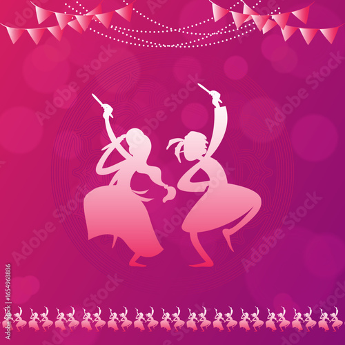 easy to edit vector illustration of Indian people dancing Garba dance for Dandiya Disco Night event on Navratri Dussehra festival of India, Dandiya in disco Garba Night banner poster for Navratri