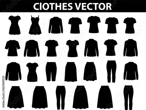 Clothing Silhouette Vector Set dresses, Skirts, Shirts, Pants, and Apparel Icons