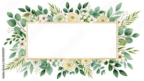 Rectangular blank card framed by hand-drawn green leaves and white roses forming an elegant botanical border for invitations and stationery.