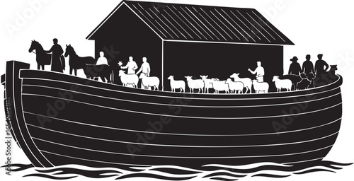 Noah's Ark with animals and people silhouette boat, noah's ark, ark, boat, ship, animals, people, silhouette, biblical, story, flood, rain, water, waves, animals on ark, people on ark, biblical story,