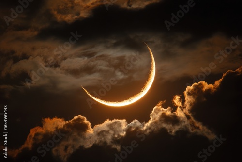 Crescent moon shining brightly through dark clouds at night celestial beauty in nature photography
