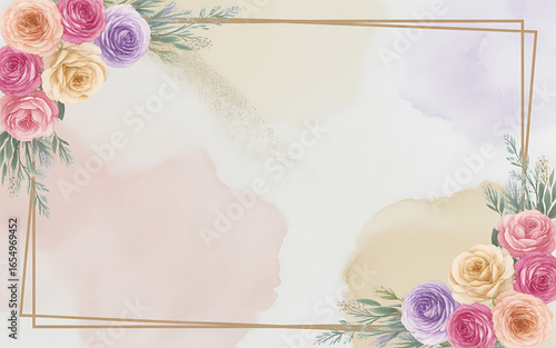 Floral corner frame with watercolor roses and gold geometric border