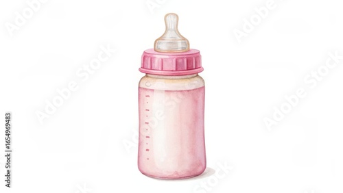 Watercolor illustration of a pink baby bottle with nipple and measurement marks on a white background.