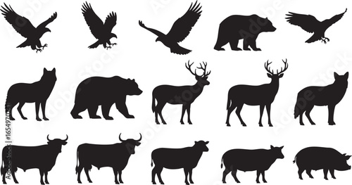 Wild and Farm Animal Silhouettes Assortment wild animals, wild animals, farm animals, animal silhouettes, eagle, hawk, falcon, bear, wolf, deer, bull, cow, sheep, pig, wildlife, nature, livestock, agr